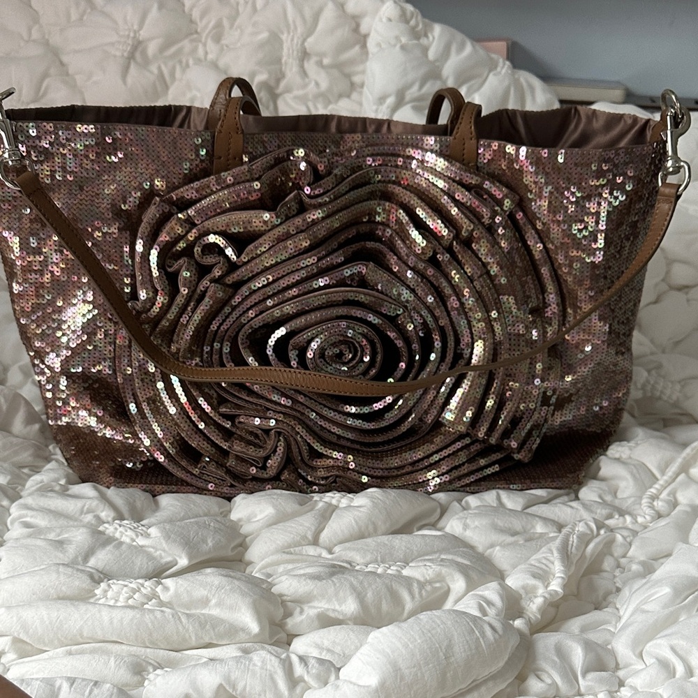 Sequin Rose Tote Bag in Metallic Rose